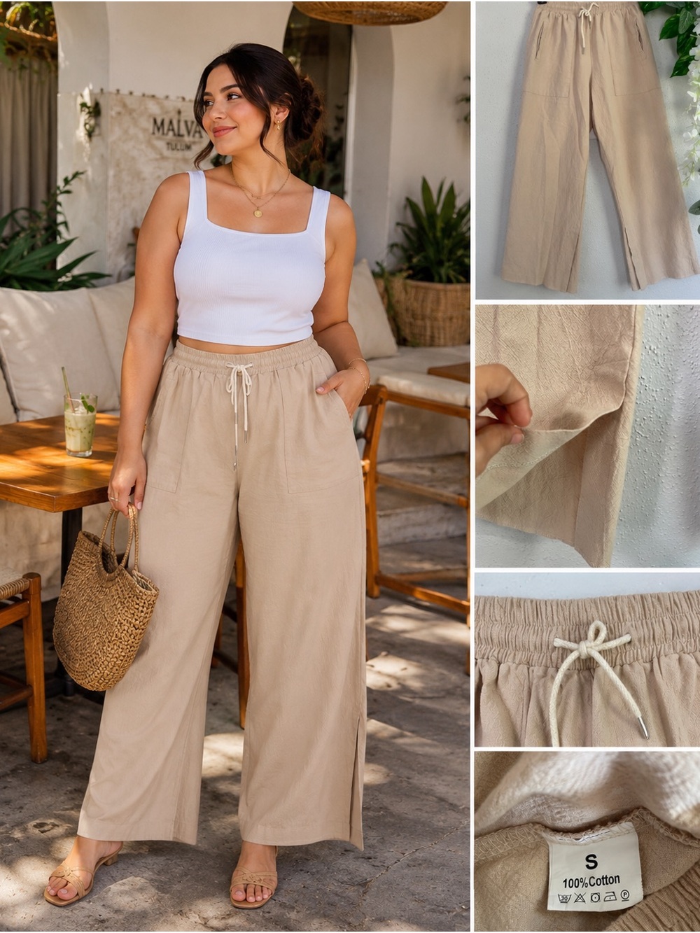 Beige Wide Leg Cotton Pants Drawstring Elastic Waist Casual Resort Size S